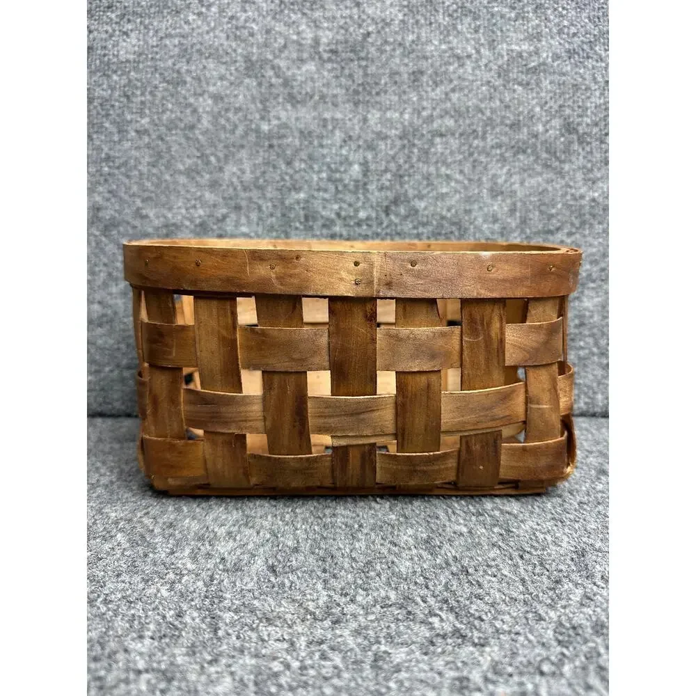 Vintage handmade woven split wood basket 9”rustic farmhouse storage nailed rim